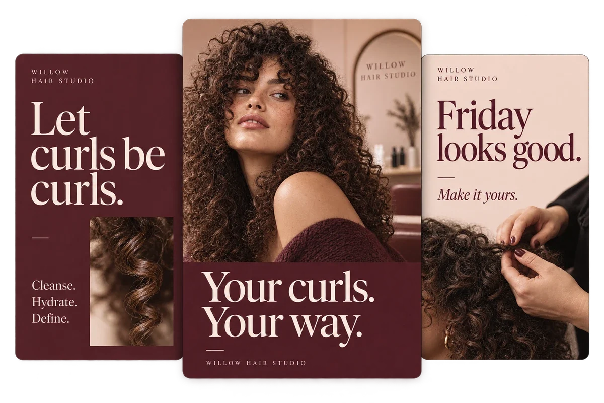 Three Willow Hair Studio posts in burgundy and blush: curl care, a natural-curl portrait, and a Friday styling invitation.